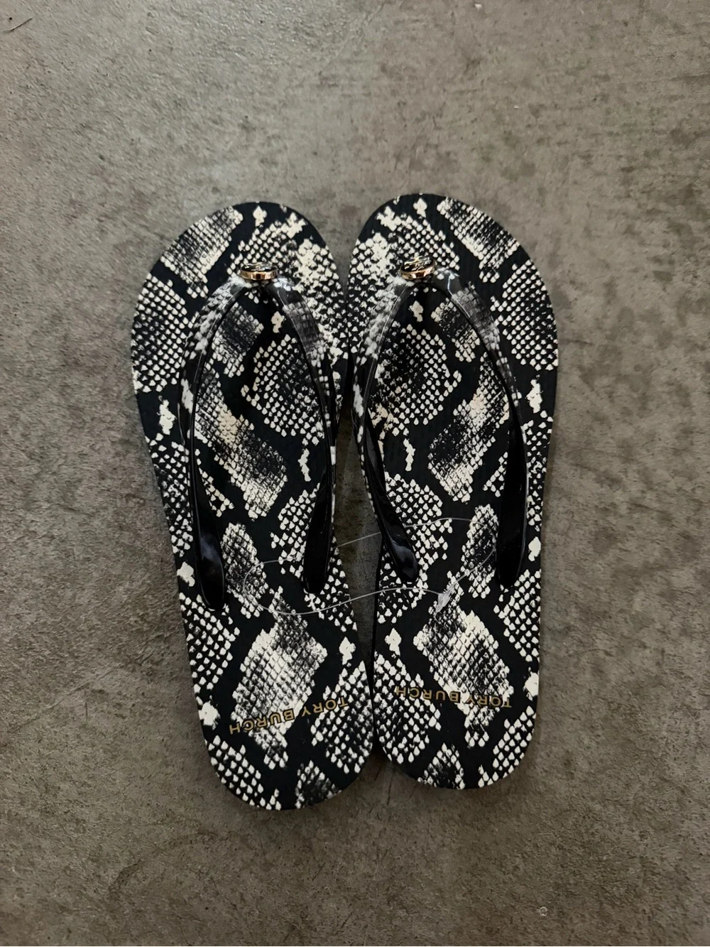 Tory Burch Black and White Snake-Print Thong Sandals